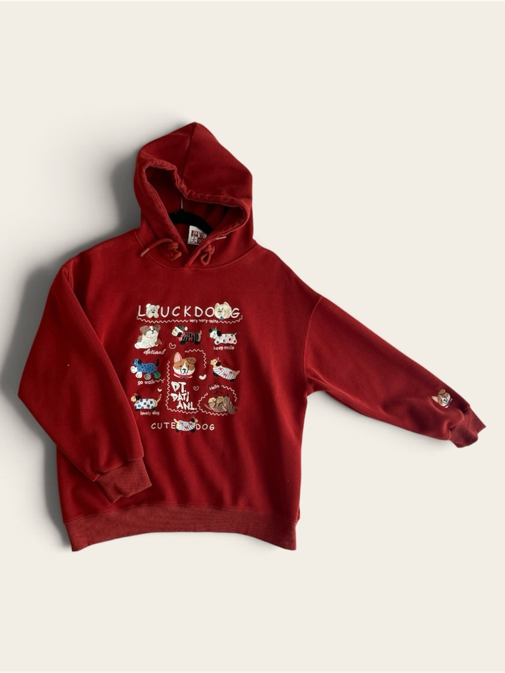 Cute & Cozy Embroidered Puppy Dog Graphic Hoodie in Brick / Rust Red 🐶❤️